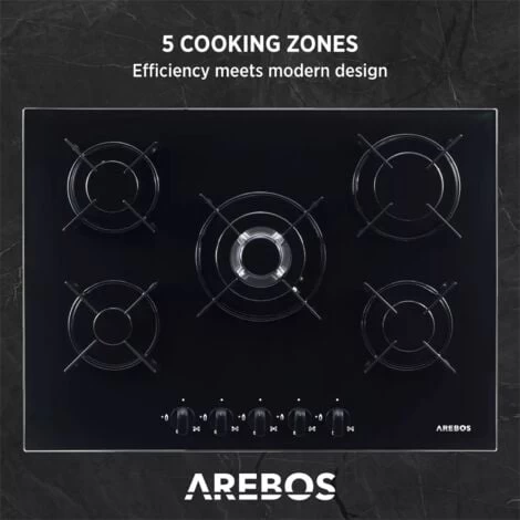 AREBOS Gas Hob 5 Burners Glass Ceramic Incl. Pot Rack & Ignition Fuse Autarkic Suitable For Natural Gas Or Propane Gas Gas Cooker Gas Cooker 5 AREBOS Gas Hob 5 Burners Glass Ceramic Incl. Pot Rack & Ignition Fuse Autarkic Suitable For Natural Gas Or Propane Gas Gas Cooker Gas Cooker - Image 3