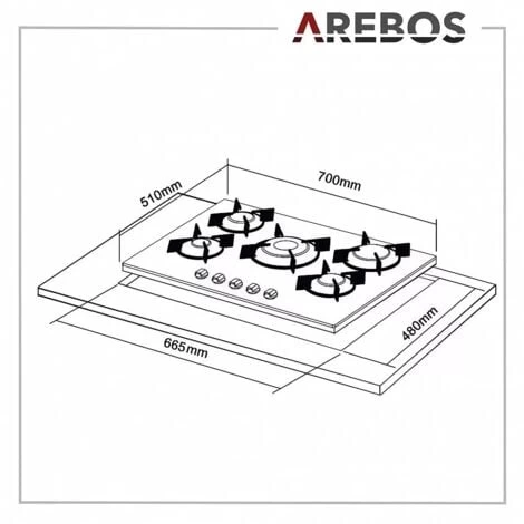 AREBOS Gas Hob 5 Burners Glass Ceramic Incl. Pot Rack & Ignition Fuse Autarkic Suitable For Natural Gas Or Propane Gas Gas Cooker Gas Cooker 7 AREBOS Gas Hob 5 Burners Glass Ceramic Incl. Pot Rack & Ignition Fuse Autarkic Suitable For Natural Gas Or Propane Gas Gas Cooker Gas Cooker - Image 5