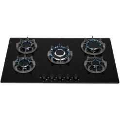 SIA BGH90BL 90cm Black 5 Burner Gas On Glass Hob Cast Iron Supports LPG Kit