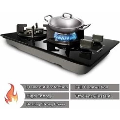 Karinear 30cm Built-in 2 Burners Gas Hob Black Tempered Glass Gas Cooktop, Cast Iron Pan Support, NG/LPG Convertible -Kitchen Appliance Store 72566701 3