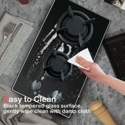 Karinear 30cm Built-in 2 Burners Gas Hob Black Tempered Glass Gas Cooktop, Cast Iron Pan Support, NG/LPG Convertible -Kitchen Appliance Store 72566701 5