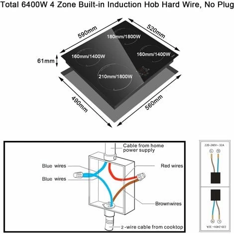 Induction Hob, 4 Zones Built-in Electric Hob 60cm Induction Cooker 6400w Touch Control, Child-safety Lock, Stop&go Function, Hard Wire, No Plug Included 4 Induction Hob, 4 Zones Built-in Electric Hob 60cm Induction Cooker 6400w Touch Control, Child-safety Lock, Stop&go Function, Hard Wire, No Plug Included - Image 2