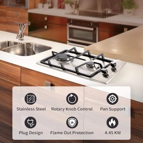 NOXTON Built-in 2 Burner Gas Cooker, Stainless Steel Gas Hob With Plug, Cast Iron Pan Support, Flame Out Protection, NG/LPG Kit 4 NOXTON Built-in 2 Burner Gas Cooker, Stainless Steel Gas Hob With Plug, Cast Iron Pan Support, Flame Out Protection, NG/LPG Kit - Image 2