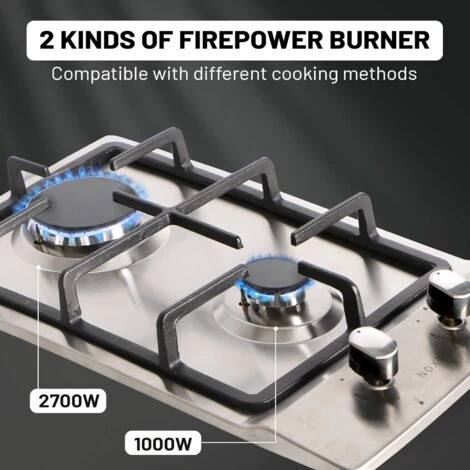 NOXTON Built-in 2 Burner Gas Cooker, Stainless Steel Gas Hob With Plug, Cast Iron Pan Support, Flame Out Protection, NG/LPG Kit 5 NOXTON Built-in 2 Burner Gas Cooker, Stainless Steel Gas Hob With Plug, Cast Iron Pan Support, Flame Out Protection, NG/LPG Kit - Image 3