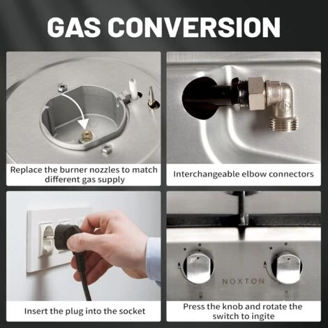 NOXTON Built-in 2 Burner Gas Cooker, Stainless Steel Gas Hob With Plug, Cast Iron Pan Support, Flame Out Protection, NG/LPG Kit 6 NOXTON Built-in 2 Burner Gas Cooker, Stainless Steel Gas Hob With Plug, Cast Iron Pan Support, Flame Out Protection, NG/LPG Kit - Image 4