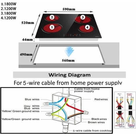 Electric Hob 4 Zone Ceramic Hob 60 Cm With Touch Control 6000W 9 Power Levels Safety Lock Auto Switch Off Safety Residual Heat Indicator Hard Wire, No Plug Included 4 Electric Hob 4 Zone Ceramic Hob 60 Cm With Touch Control 6000W 9 Power Levels Safety Lock Auto Switch Off Safety Residual Heat Indicator Hard Wire, No Plug Included - Image 2