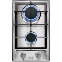 2 Burners Gas Hob, Built-in Gas Cooktop With With Flame Failure Protection 30cm Stainless Steel LPG/NG Convertible Included Plug