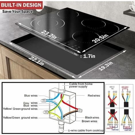 Ceramic Hob, 4 Zone Built-in Electric Hob 60cm, Ceramic Cooktop With Touch Control, 6400W, 9 Power Levels, Dual Ring Zone, Oval Zone, Timer, Child Lock, For All Pots, Hard Wired, Without Plug 4 Ceramic Hob, 4 Zone Built-in Electric Hob 60cm, Ceramic Cooktop With Touch Control, 6400W, 9 Power Levels, Dual Ring Zone, Oval Zone, Timer, Child Lock, For All Pots, Hard Wired, Without Plug - Image 2