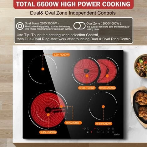 Ceramic Hob, 4 Zone Built-in Electric Hob 60cm, Ceramic Cooktop With Touch Control, 6400W, 9 Power Levels, Dual Ring Zone, Oval Zone, Timer, Child Lock, For All Pots, Hard Wired, Without Plug 5 Ceramic Hob, 4 Zone Built-in Electric Hob 60cm, Ceramic Cooktop With Touch Control, 6400W, 9 Power Levels, Dual Ring Zone, Oval Zone, Timer, Child Lock, For All Pots, Hard Wired, Without Plug - Image 3