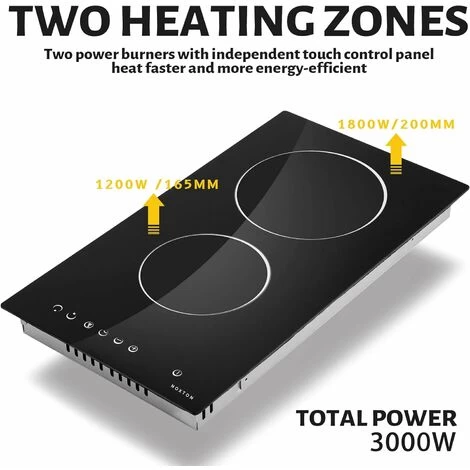NOXTON Ceramic Hob, 2 Zone Domino Cooker Built-in 30cm Electric Hobs Black Glass Hot Plate Cooktop With Touch Controls 3 NOXTON Ceramic Hob, 2 Zone Domino Cooker Built-in 30cm Electric Hobs Black Glass Hot Plate Cooktop With Touch Controls - Image 2
