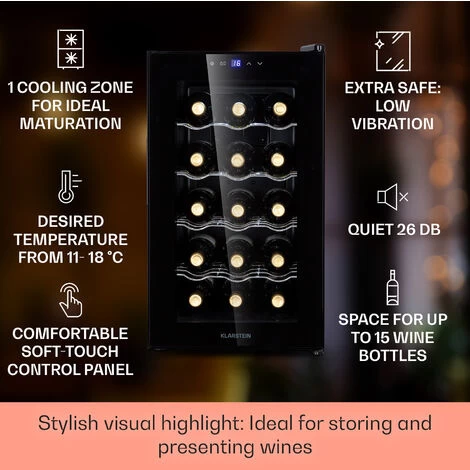 Klarstein Barolo 15 Uno Wine Fridge 48 Ltr 15 Bottles 11-18°C SingleZone 4 Klarstein Barolo 15 Uno Wine Fridge 48 Ltr 15 Bottles 11-18°C SingleZone - Image 2